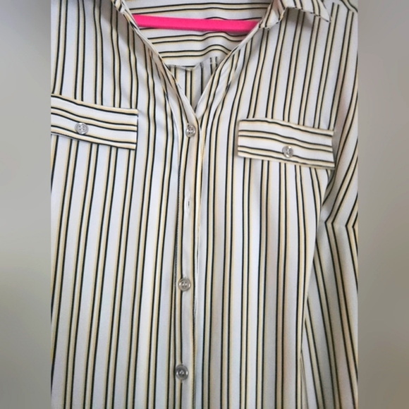 Striped shirt dress with belt. White, black, yellow - Picture 9 of 9